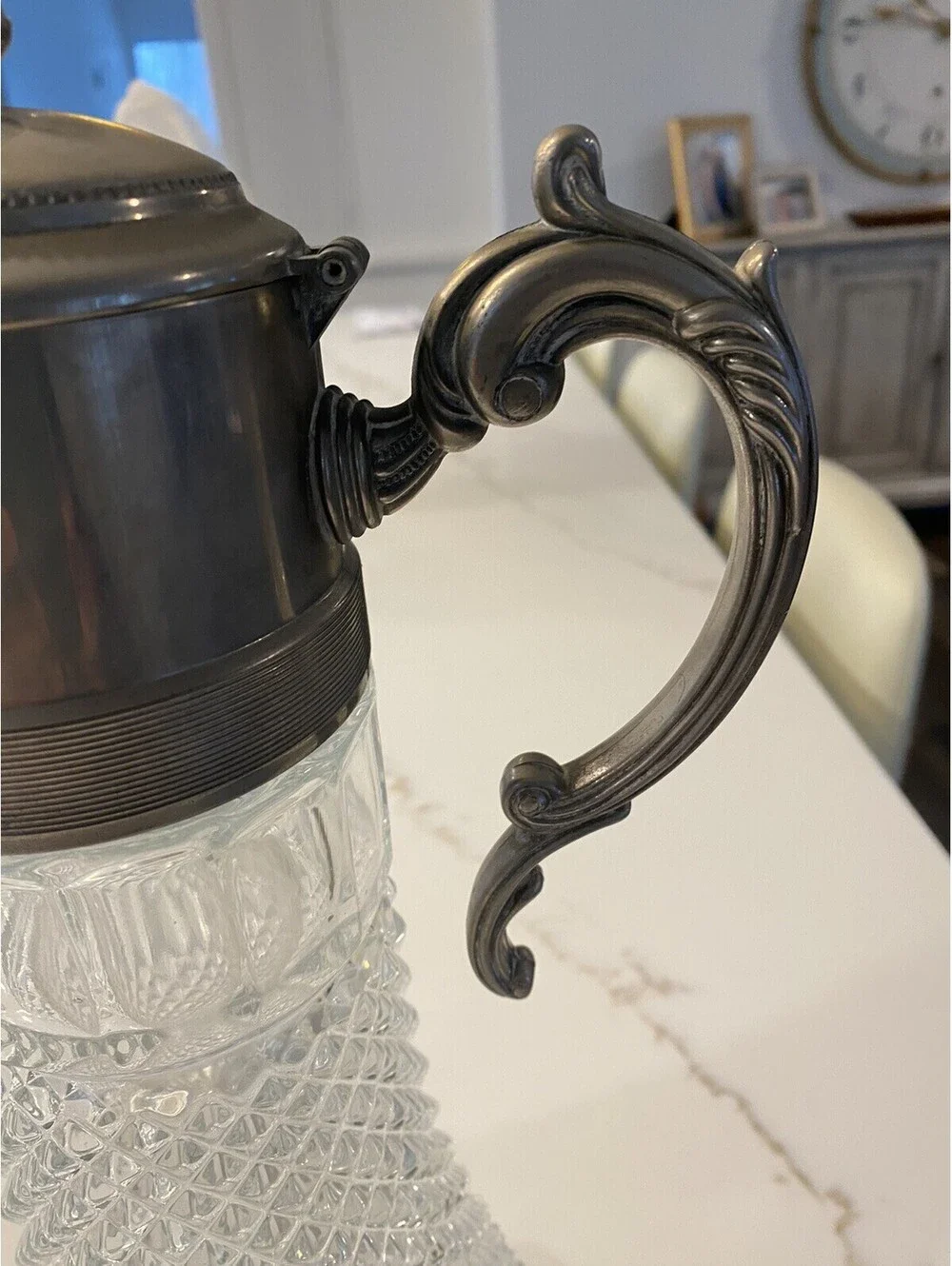 Vintage Large Diamond Point Glass Silver Plated Top Decanter Pitcher Ice Tube